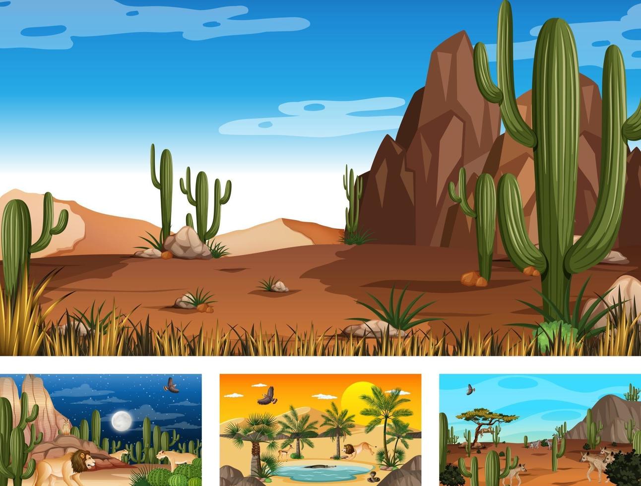 Diferentes escenas con paisaje de bosque desértico con animales y plantas. vector