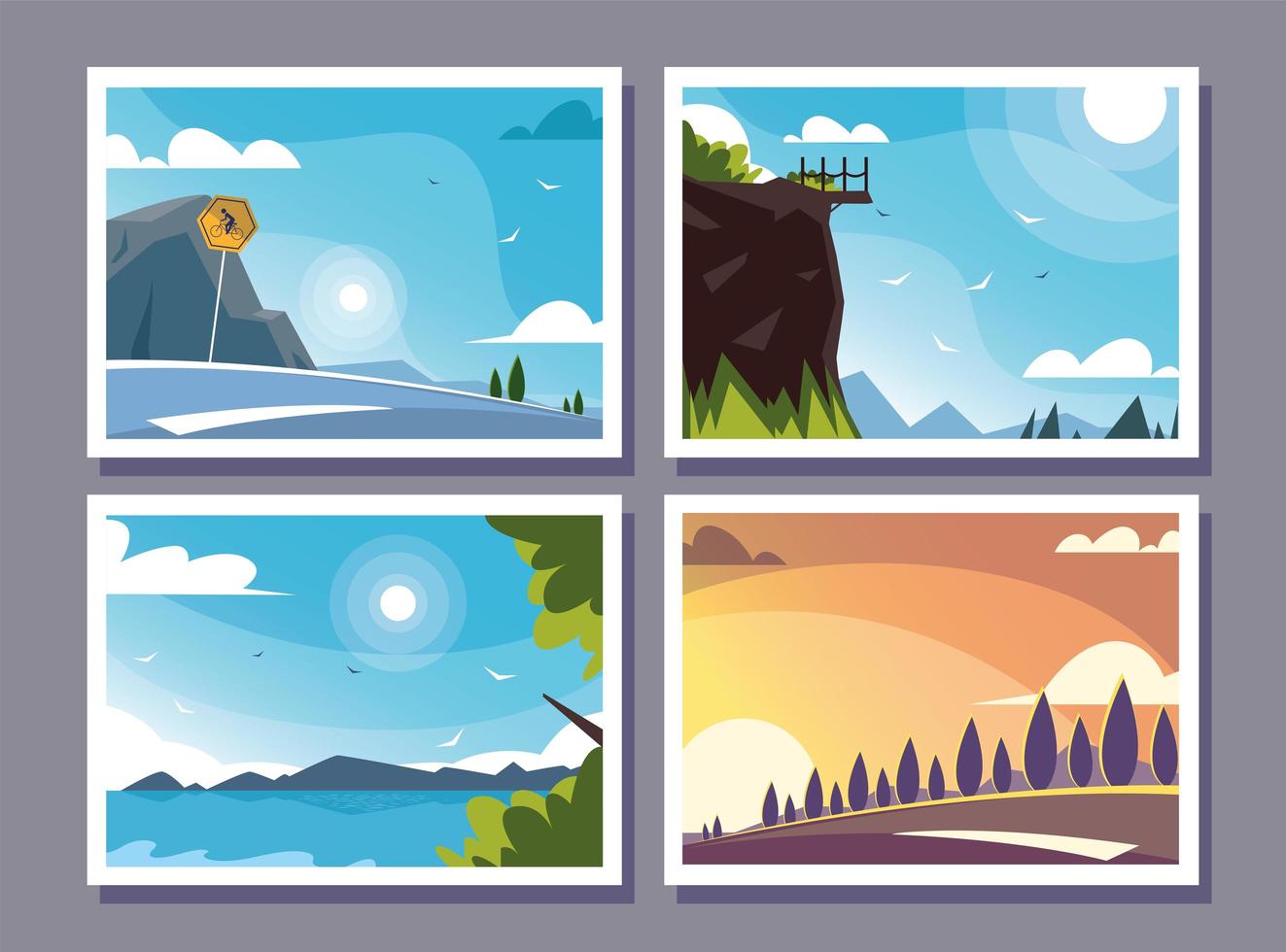 cuatro escenas con paisajes naturales y hermosos campos. vector