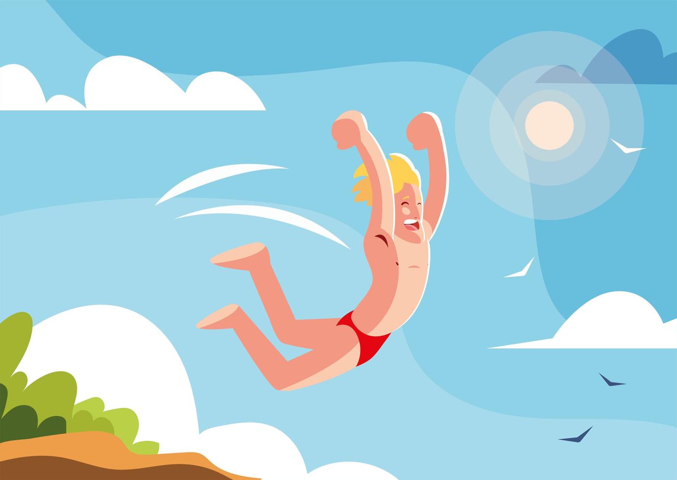 man jumping to the swimming pool with background landscape vector
