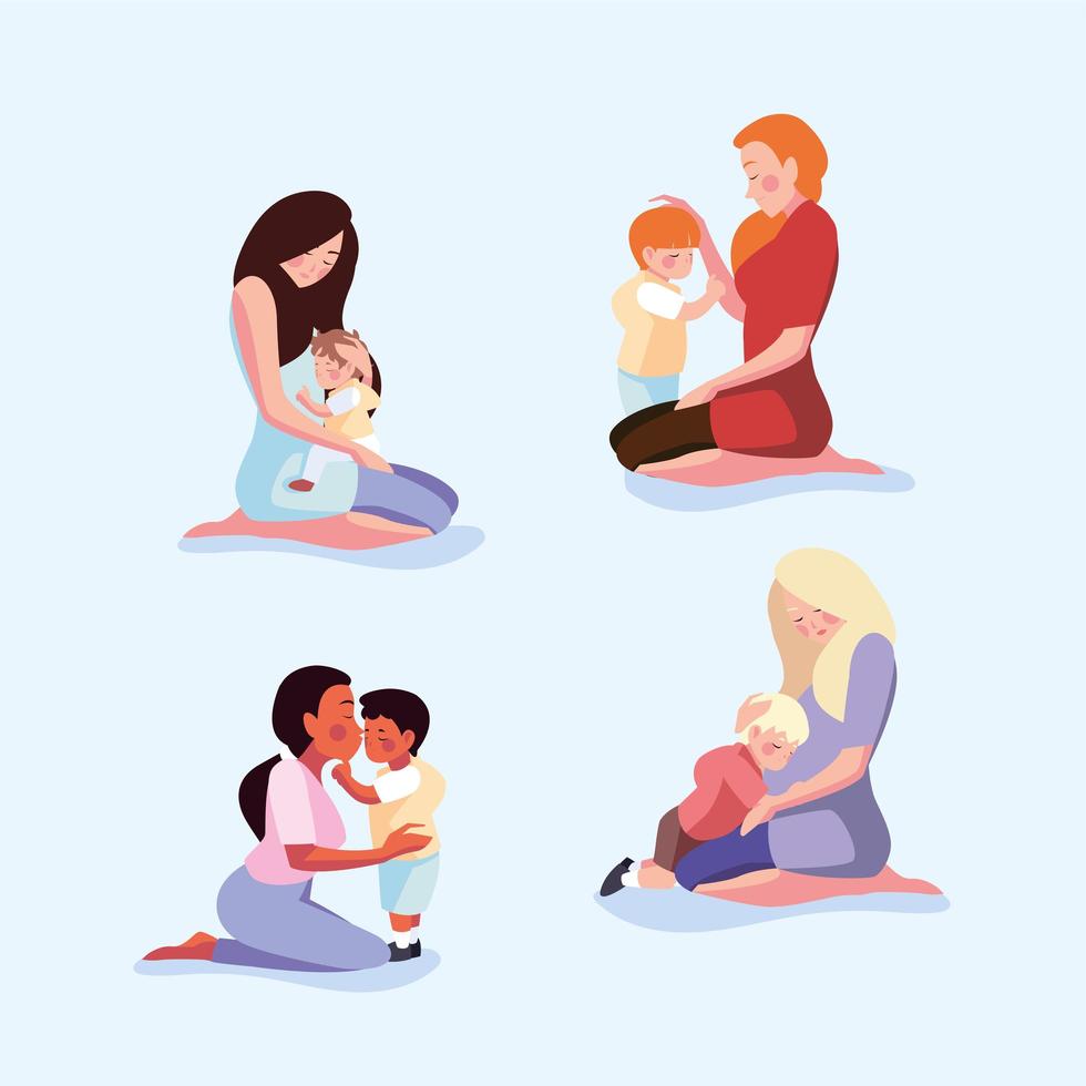set of cards with woman and son, mothers day vector