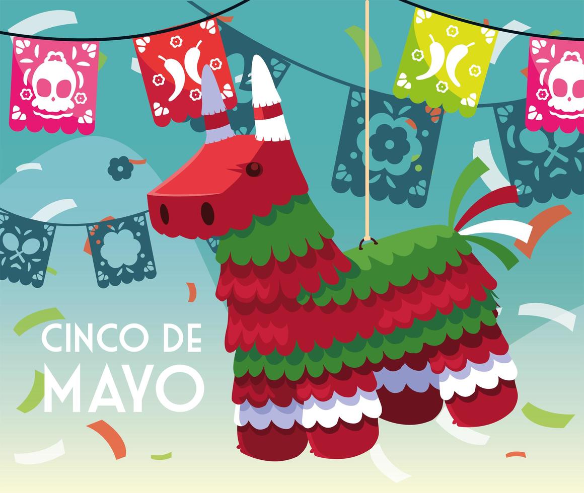 cinco de mayo tarjeta de saludo con piñata de fiesta mexicana vector