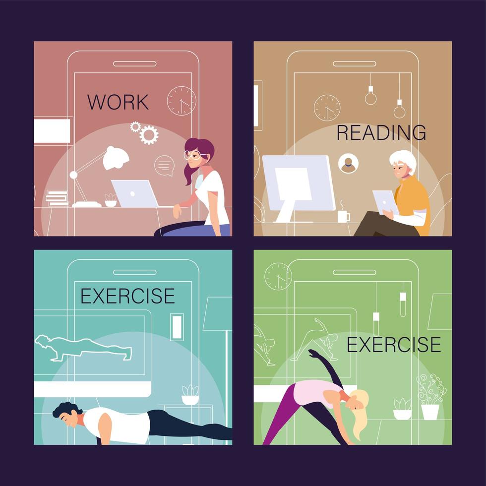 set of cards with people in online activities vector