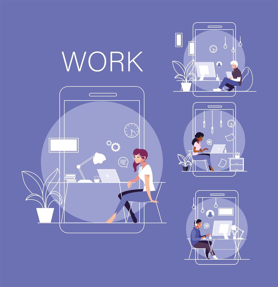 set of cards people working from her home vector