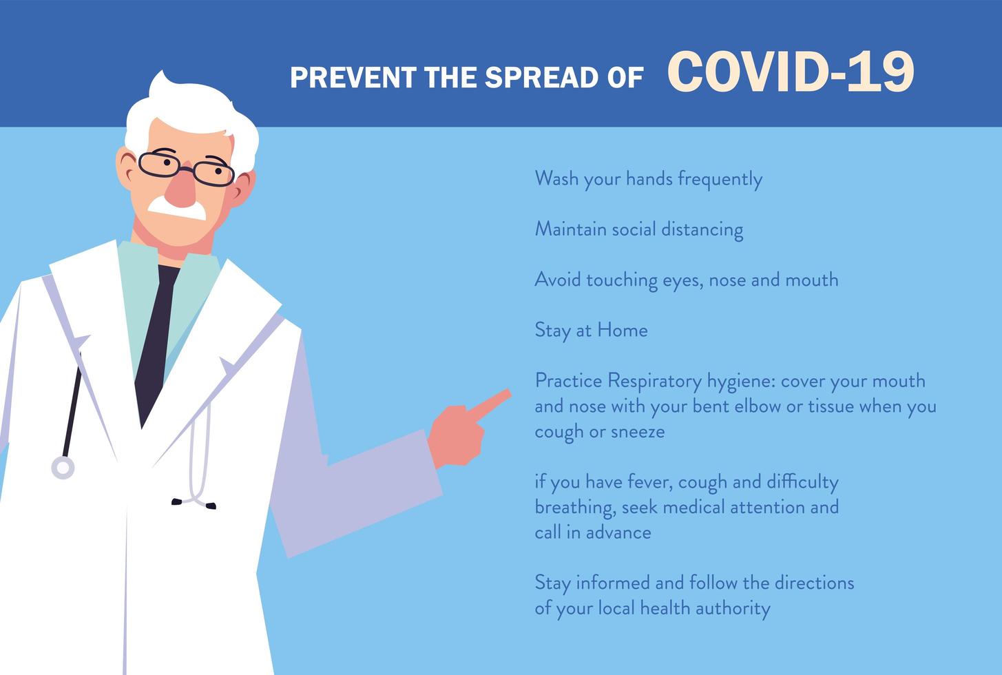 doctor explain Infographics how prevent the spread of covid 19 vector