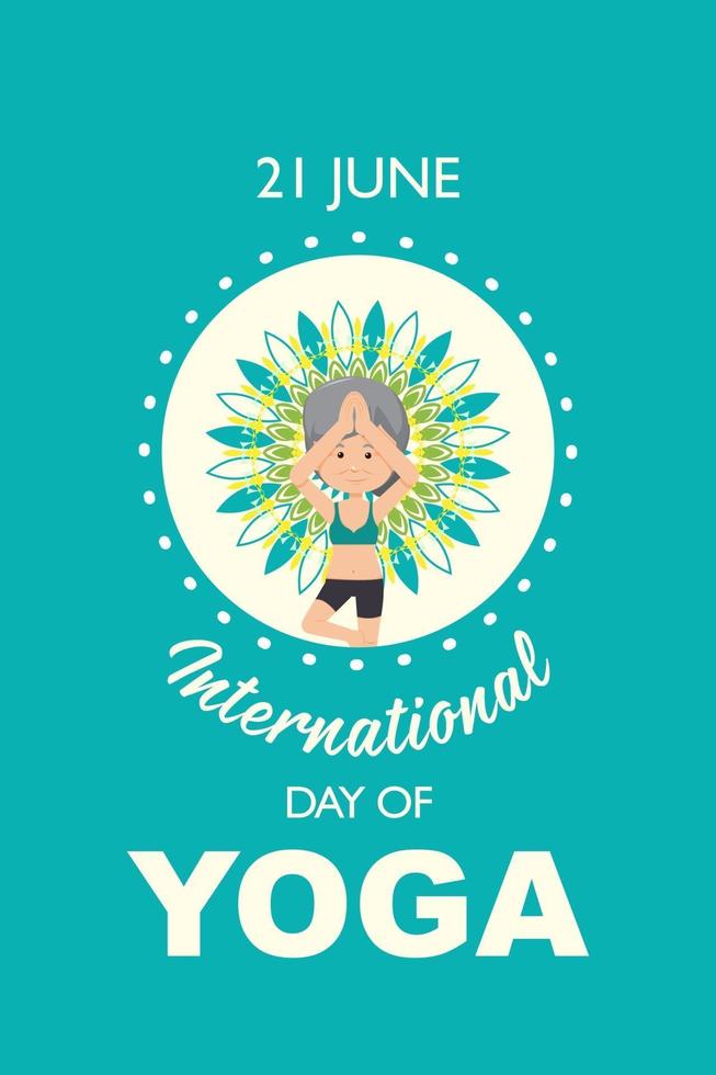 International Day of Yoga banner with old woman doing yoga exercise vector