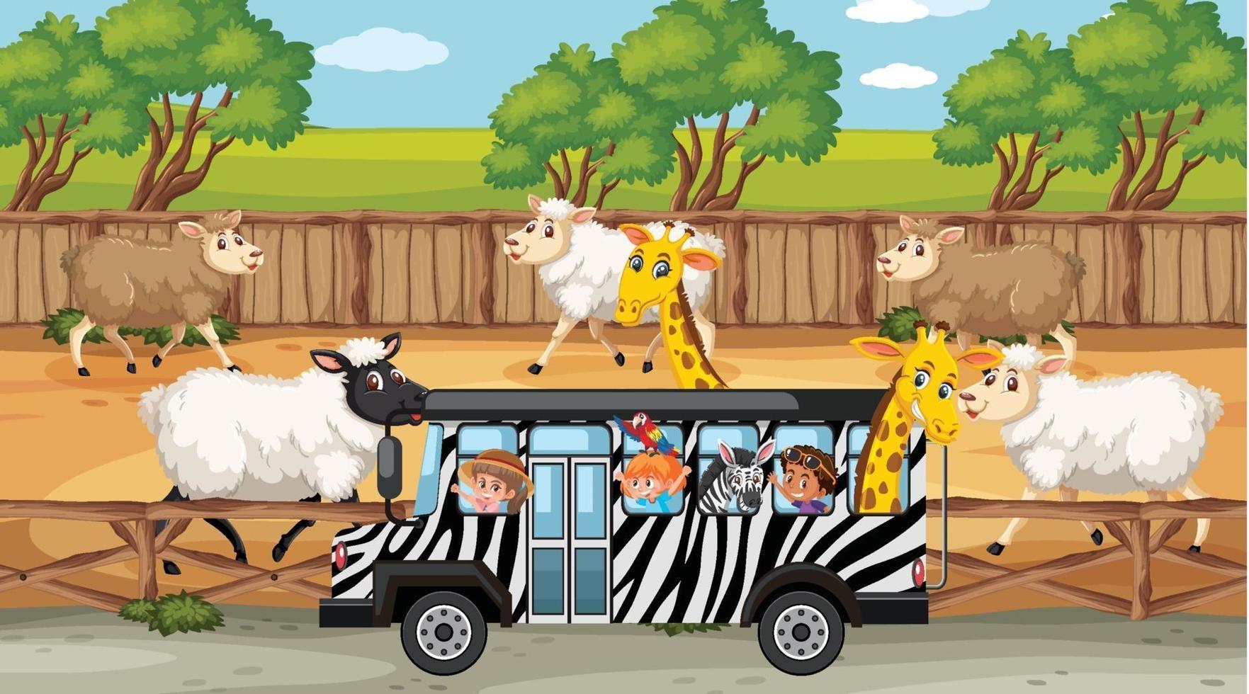 Safari scenes with many sheeps and kids cartoon character vector