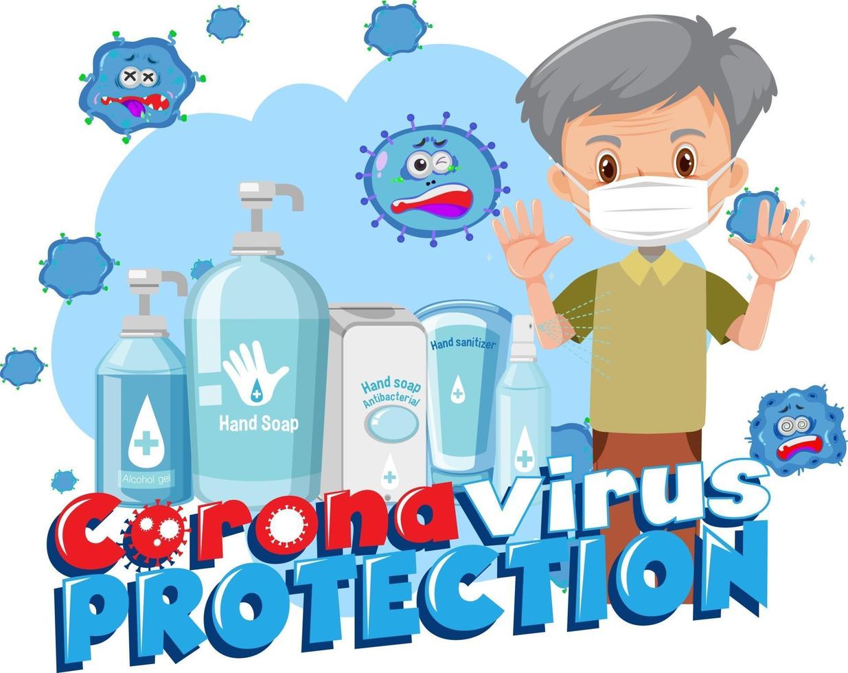 Banner de protección de coronavirus con personaje de dibujos animados de anciano y desinfectante vector