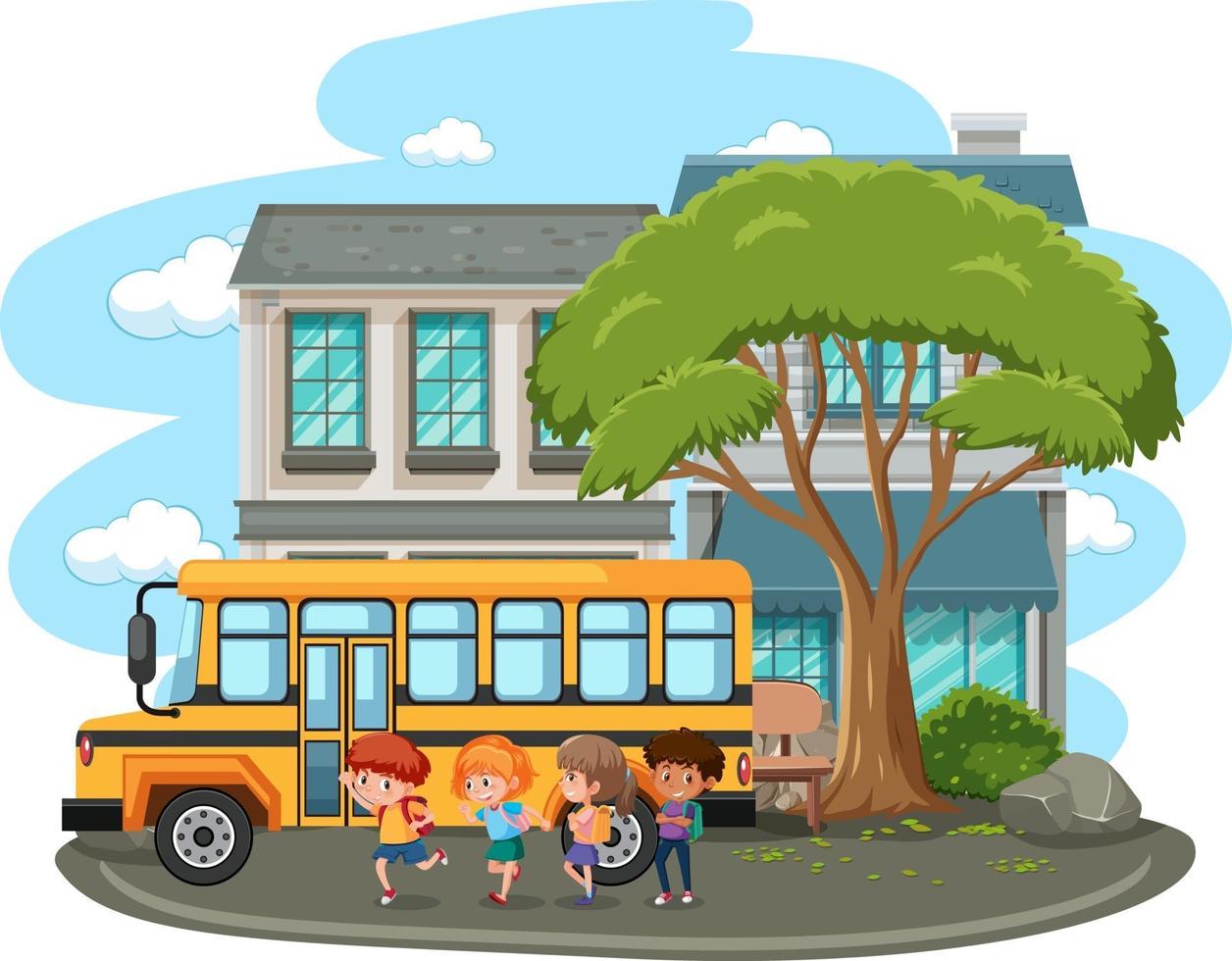 Escena escolar al aire libre aislada con muchos niños y autobús escolar vector