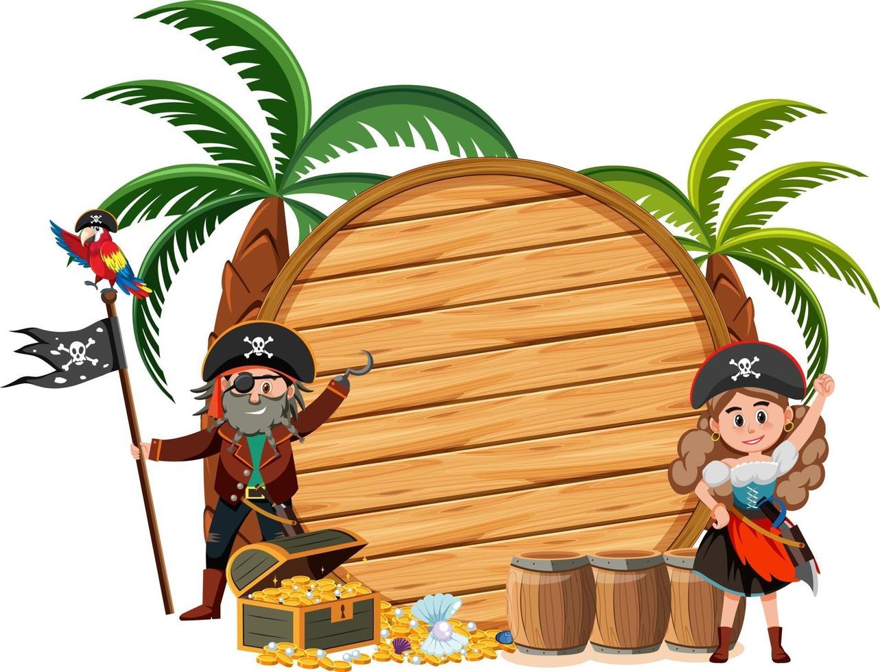 Two pirates cartoon character with an empty banner isolated on white background vector