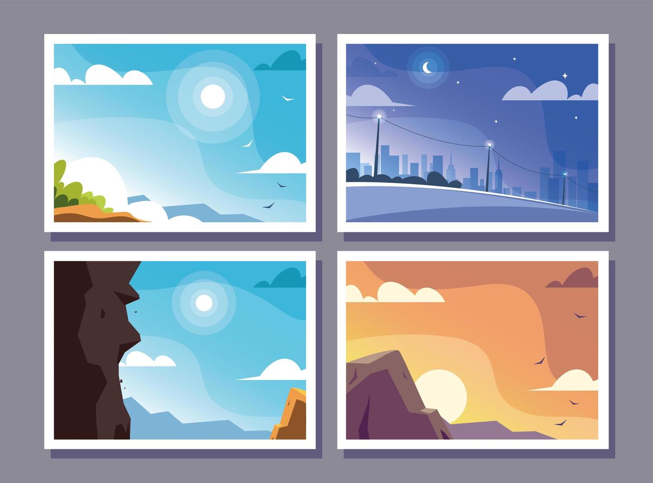 four scenes with nature landscape and beautiful fields vector