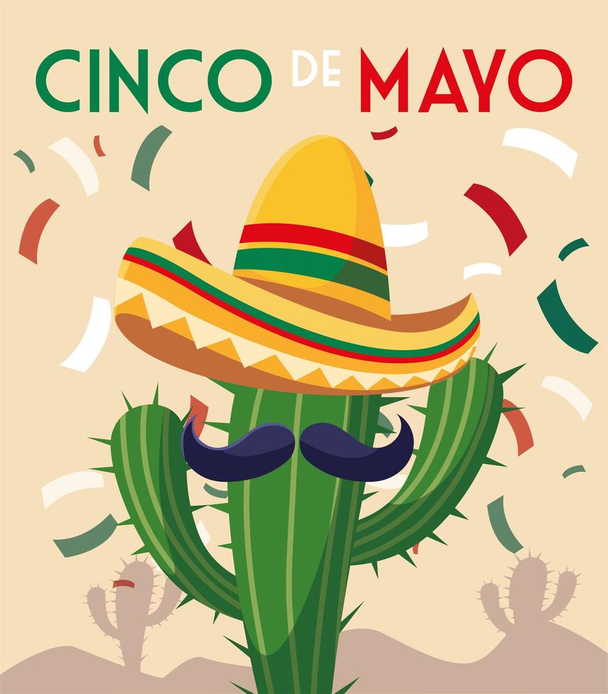 cactus y sombrero mexicano con etiqueta cinco de mayo vector