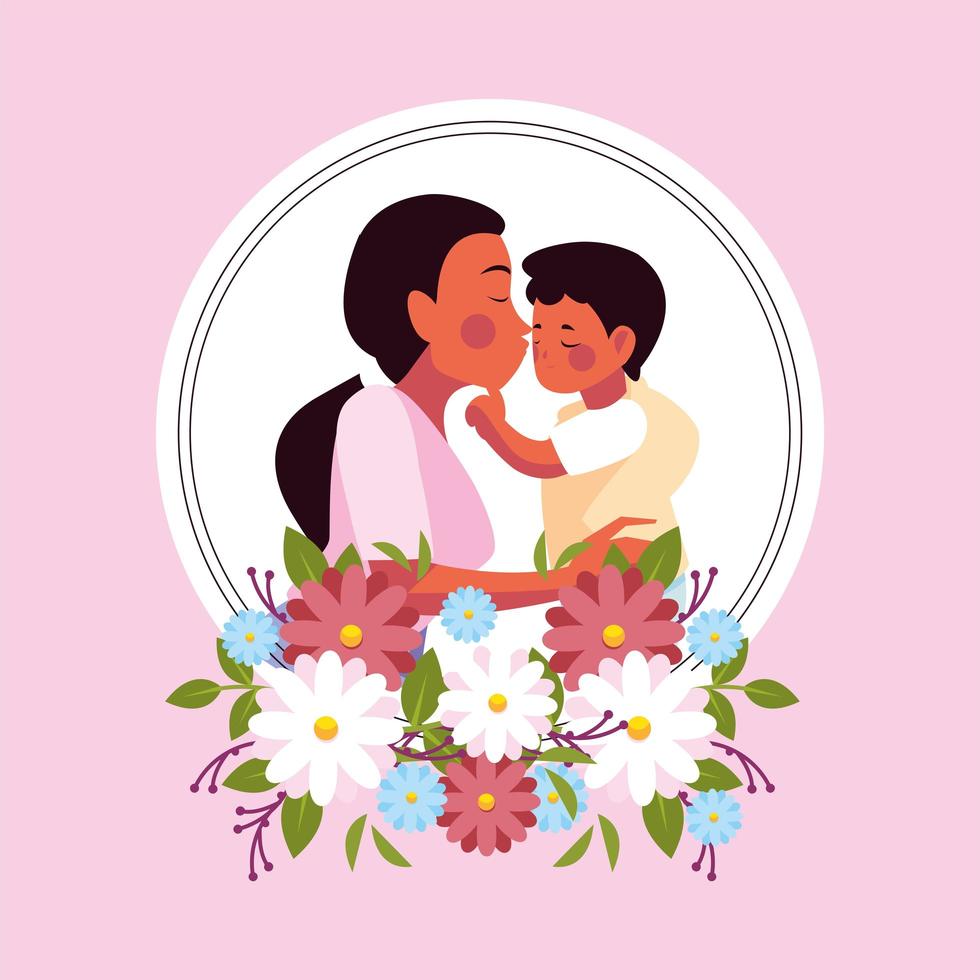 mujer e hijo, tarjeta del dia de la madre vector