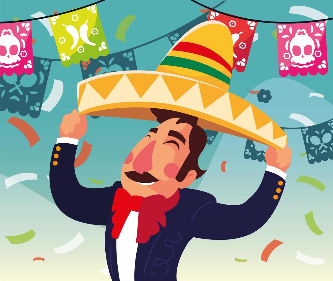 Hombre con traje y sombrero de mariachi mexicano vector