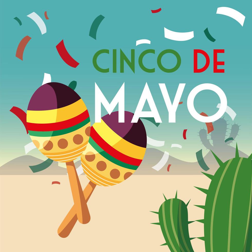 maracas de la cultura mexicana con etiqueta cinco de mayo vector