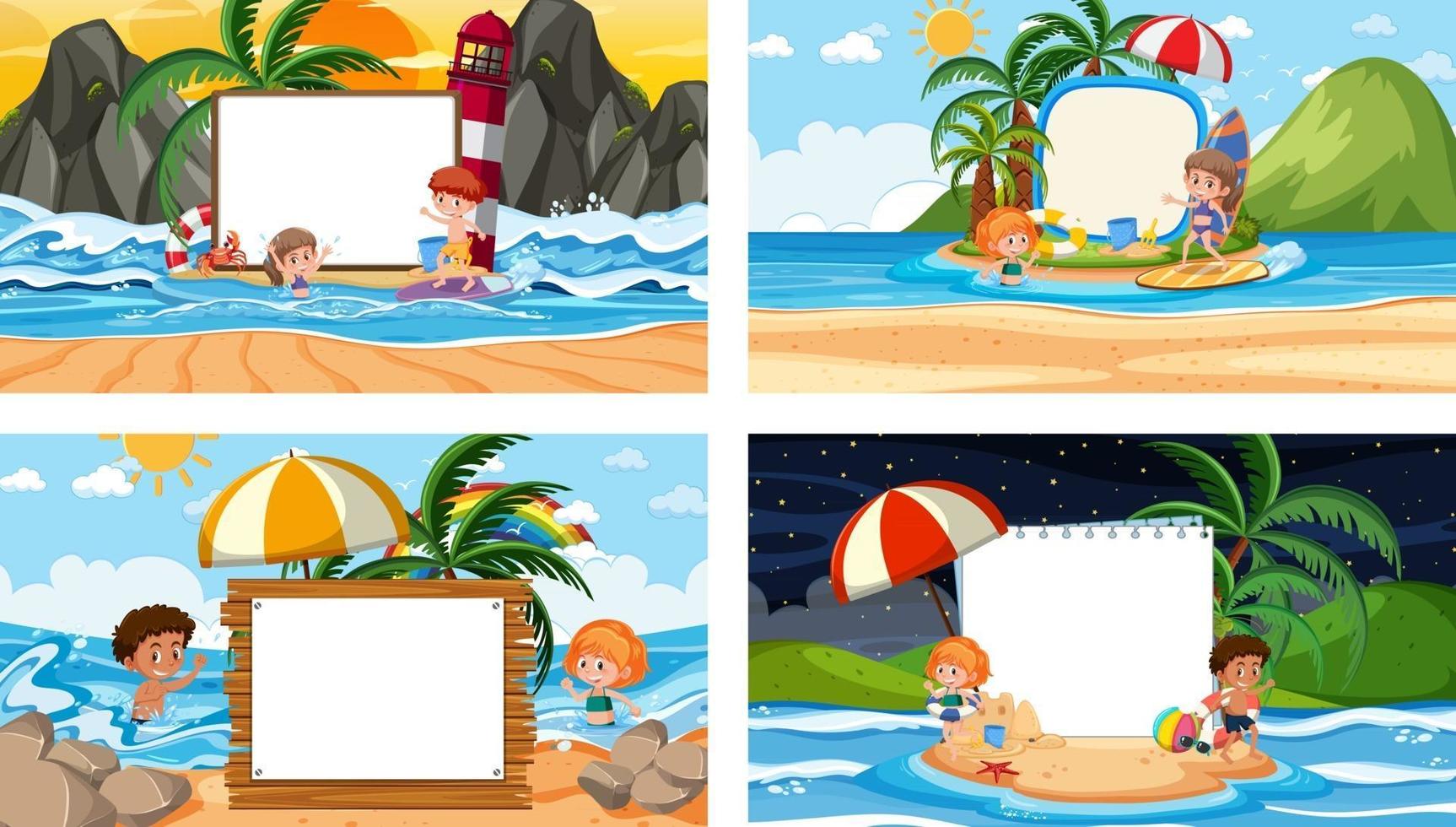 conjunto de diferentes escenas de playa tropical con banner en blanco vector