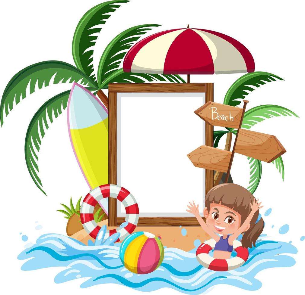 Blank banner template with many kids on summer vacation at the beach isolated vector