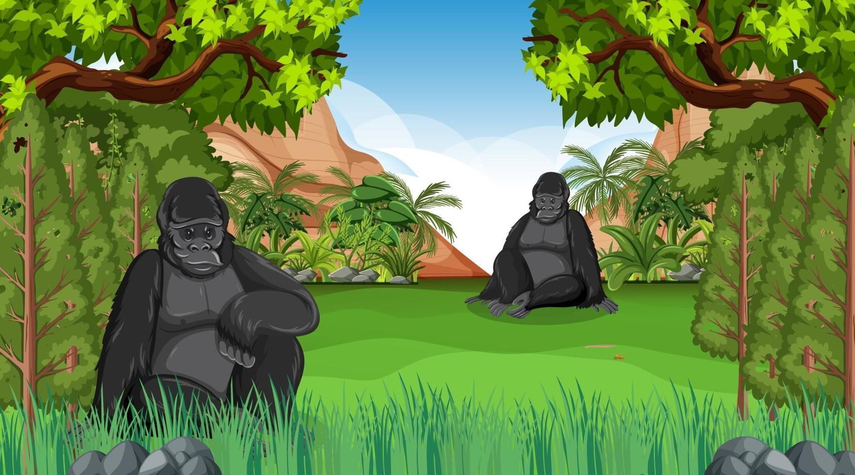 gorila en el bosque o la escena de la selva tropical con muchos árboles vector