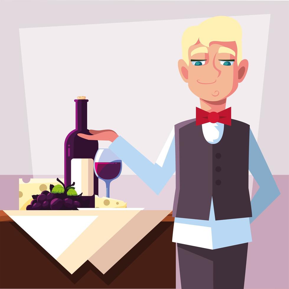 professional waiter holding bottle of wine vector