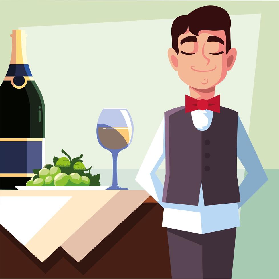 camarero profesional sosteniendo una botella de vino vector