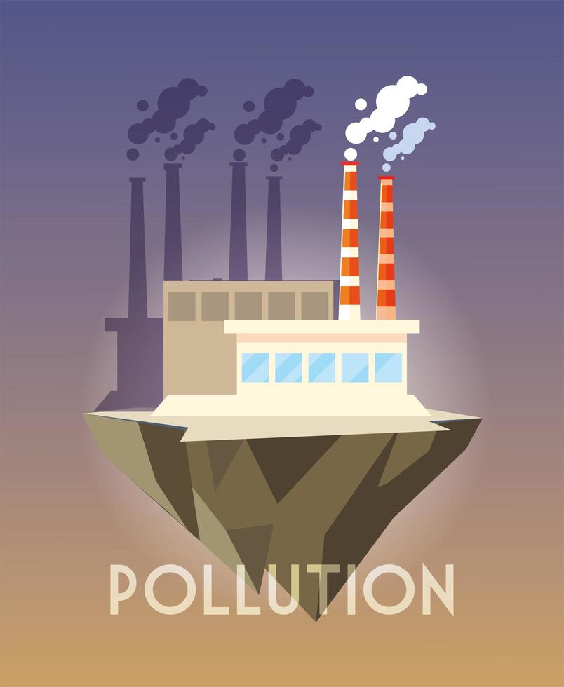 Edificio industrial sobre terreno, contaminación ambiental. vector