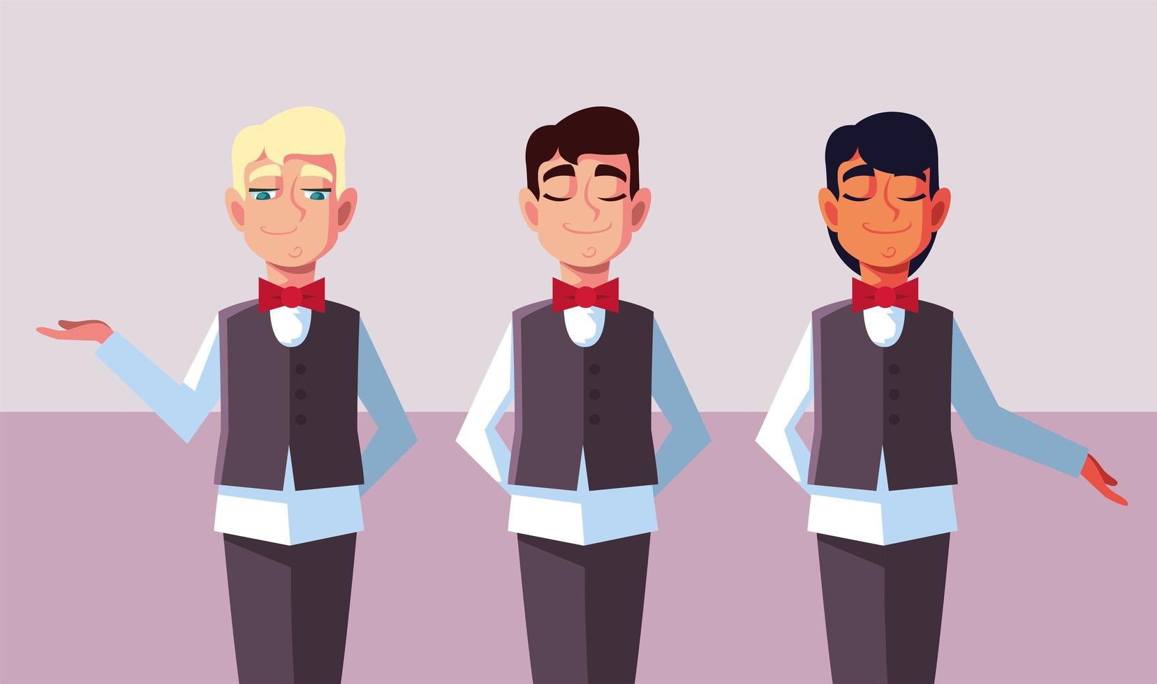 hombres camareros con uniforme en diferentes poses. vector