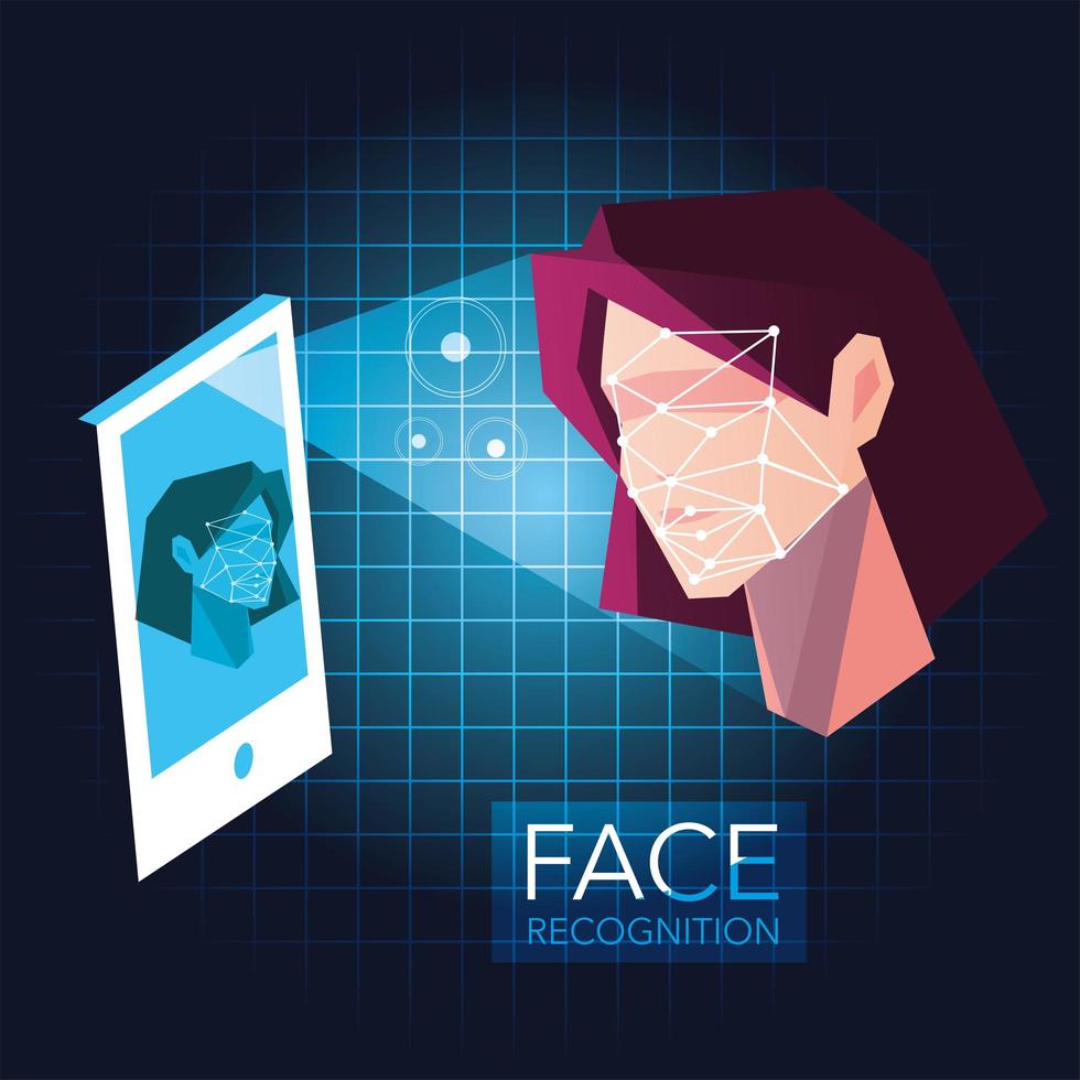 smartphone escanea el rostro de una mujer, aplicación móvil para reconocimiento facial vector