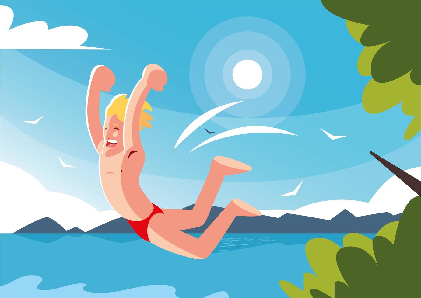 man jumping to the swimming pool with background landscape vector