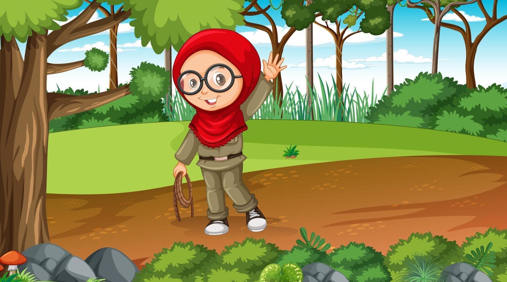 Nature scene with a muslim girl cartoon character exploring in the forest vector