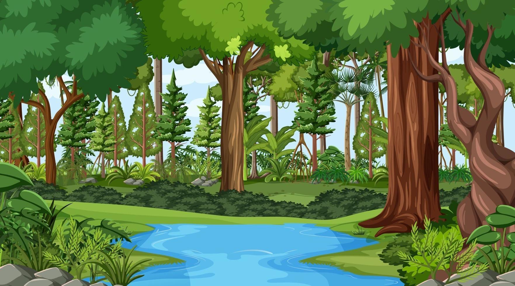 escena del paisaje forestal durante el día con muchos árboles diferentes vector