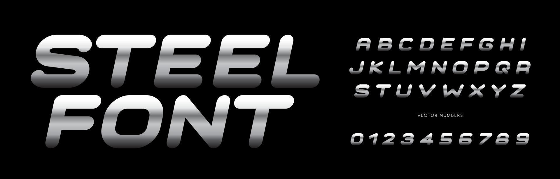 Steel letters and numbers set. Polished metal texture style alphabet. Font for events, promotions, logos, banner, monogram and poster. Vector typography design.