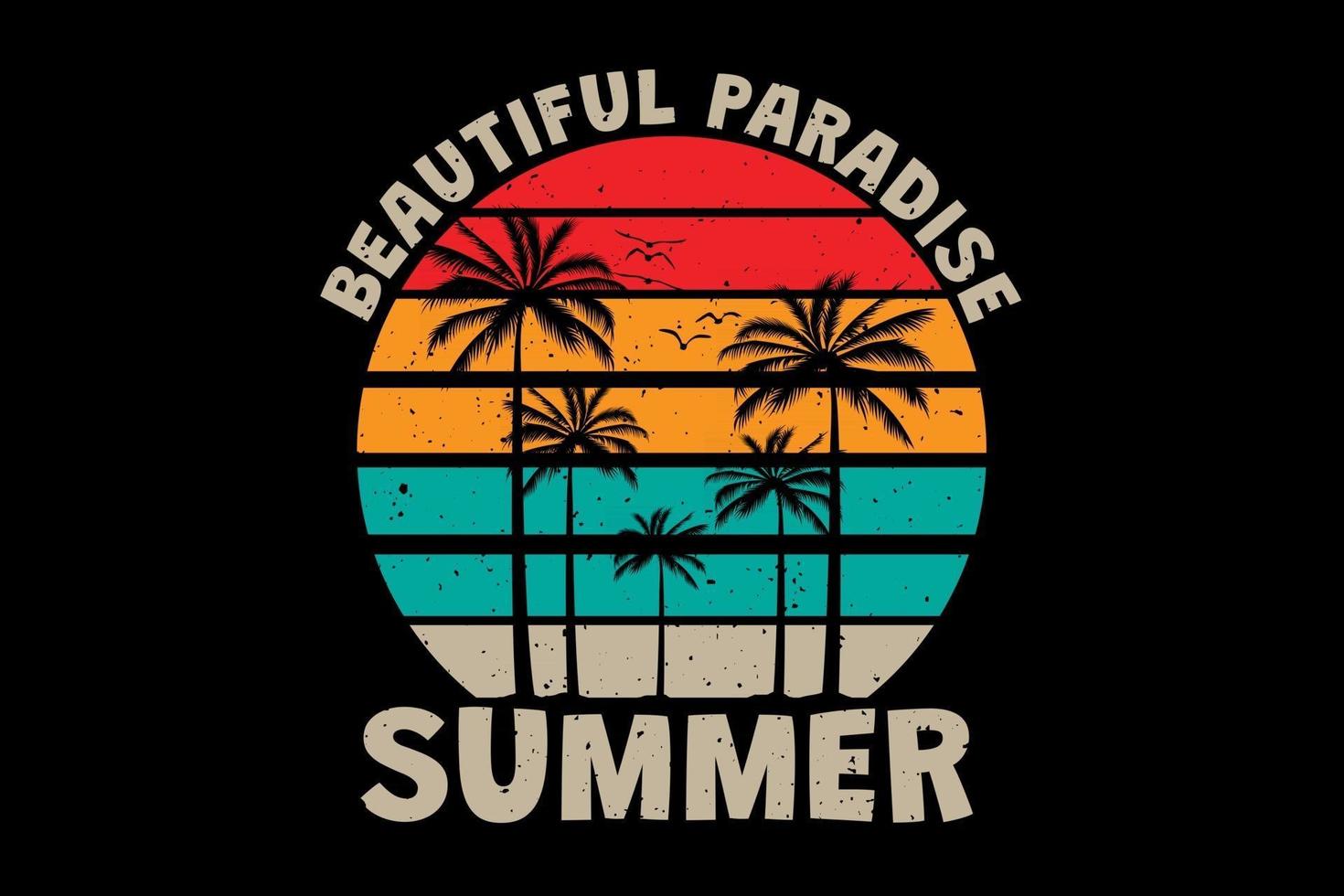 camiseta hermoso paraíso verano palmera puesta de sol color retro estilo vintage vector