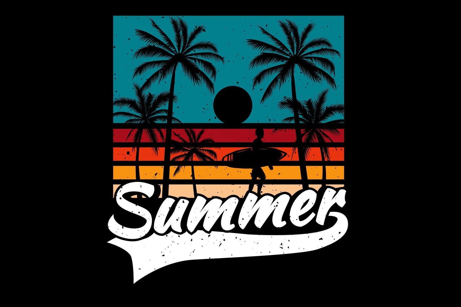 camiseta verano puesta de sol color playa surf retro estilo vintage vector
