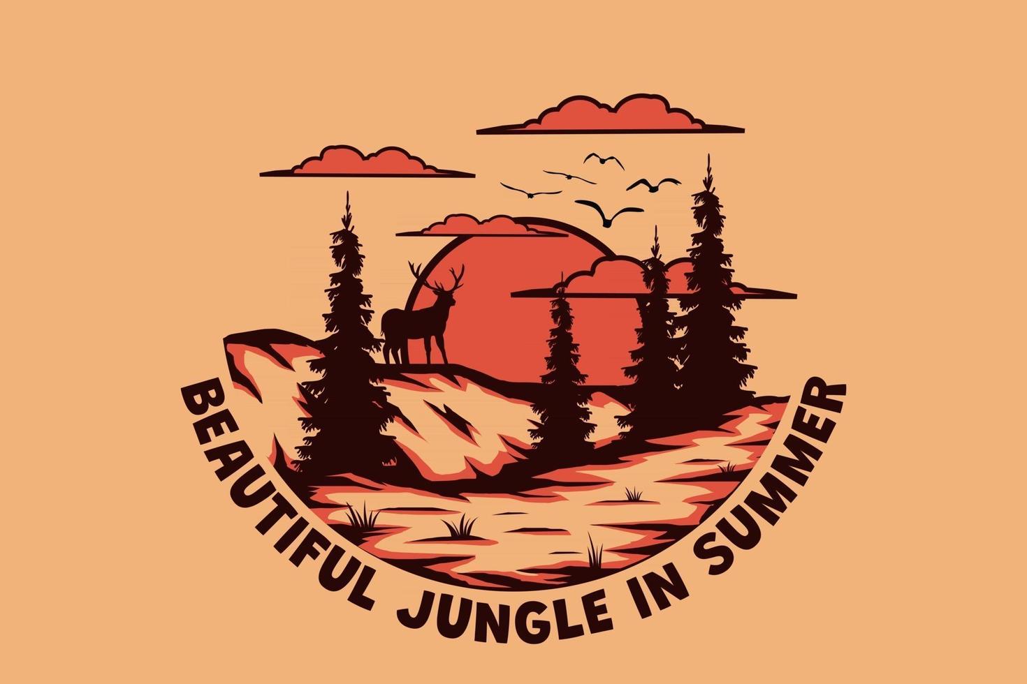 T-shirt beautiful jungle in summer deer on hill hand drawn retro vintage style vector