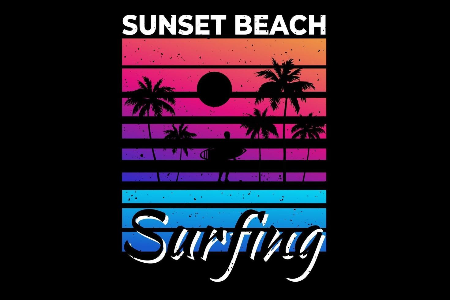 T-shirt sunset beach surfing beautiful retro style vector