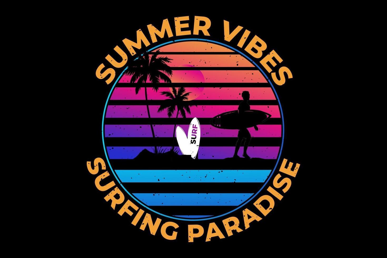 camiseta summer vibes surf paradise sunset estilo retro vector