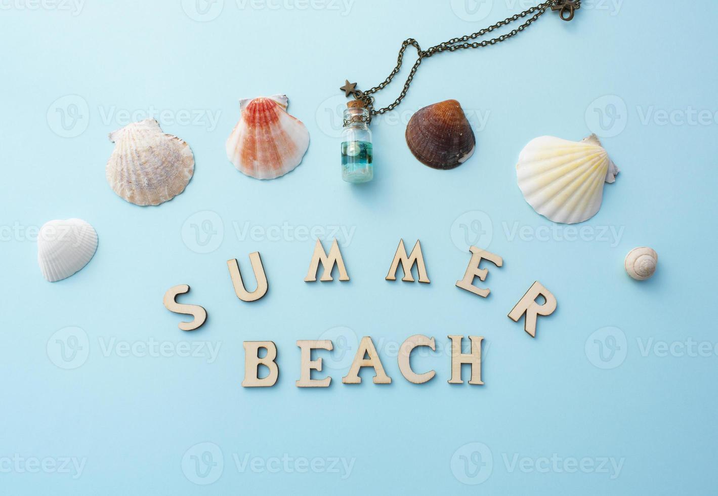 Blue summer beach concept with shells, snail photo