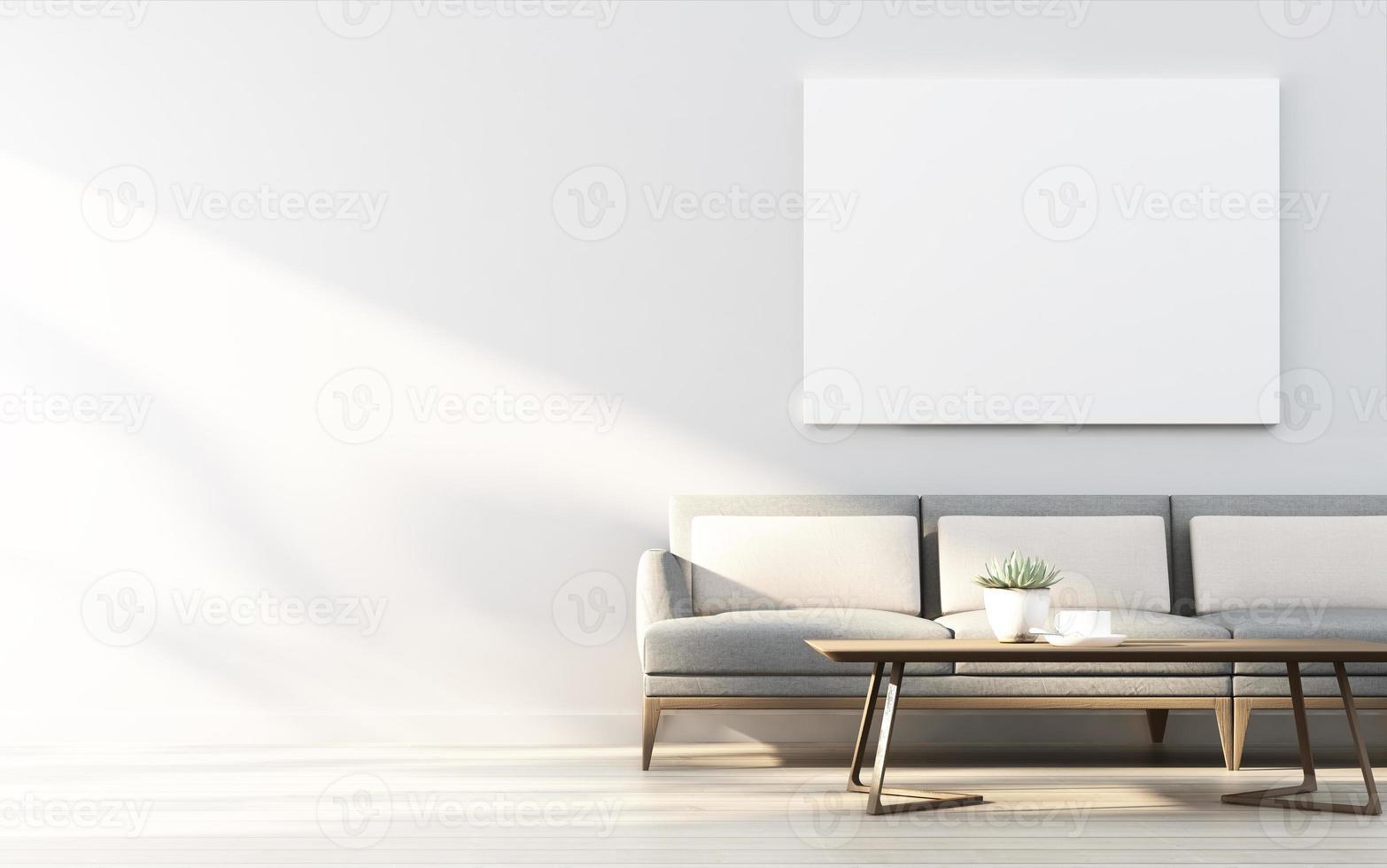 3d rendering of mock up Interior design for living room with picture frame on white wall photo