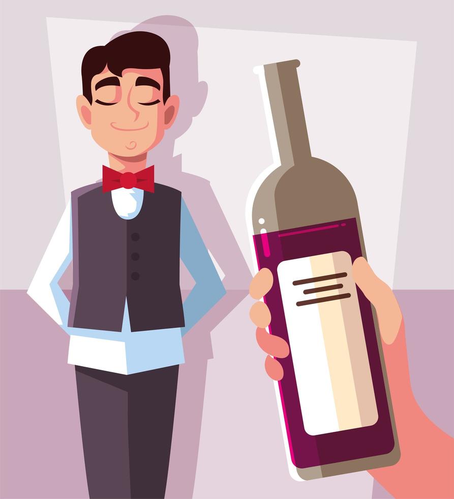 professional waiter holding bottle of wine vector