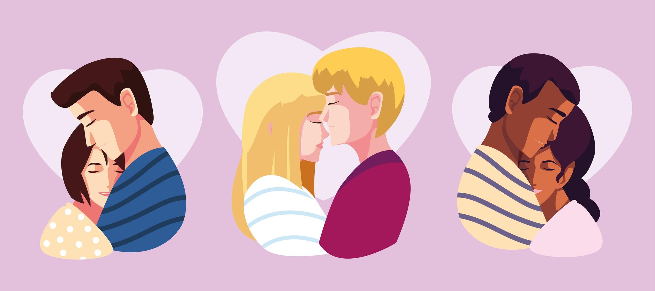 set of couple of people in love, man and woman embracing each other affectionately, valentines day vector