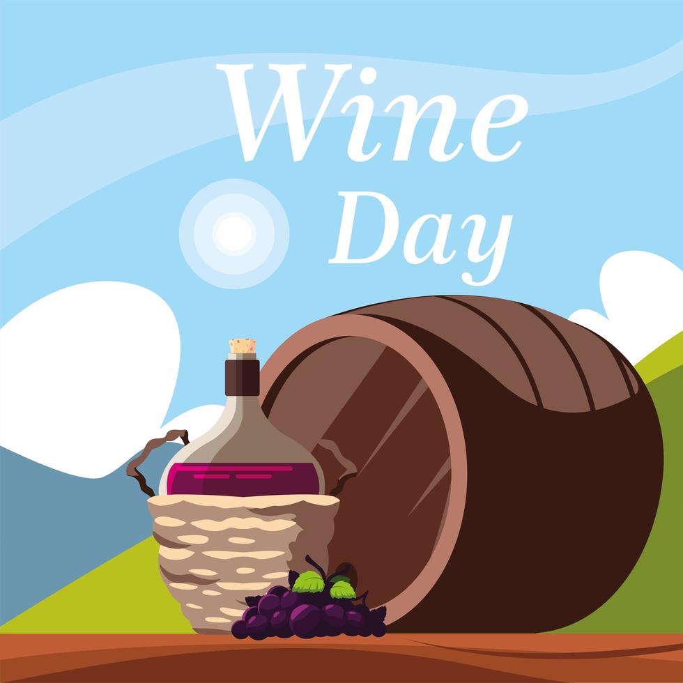 bottle of wine in wicker basket, label wine day vector