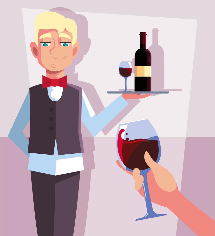 professional waiter holding bottle of wine vector