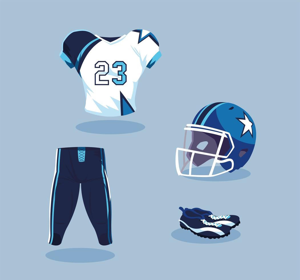 Traje de jugador de fútbol americano en azul y blanco. vector