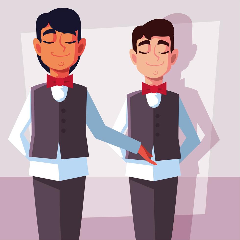 men waiters with uniform in different poses vector