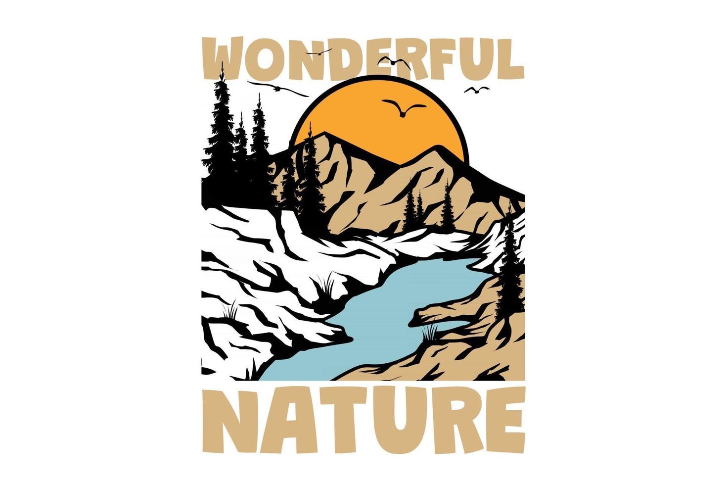 camiseta maravillosa naturaleza pino montaña estilo vintage dibujado a mano vector