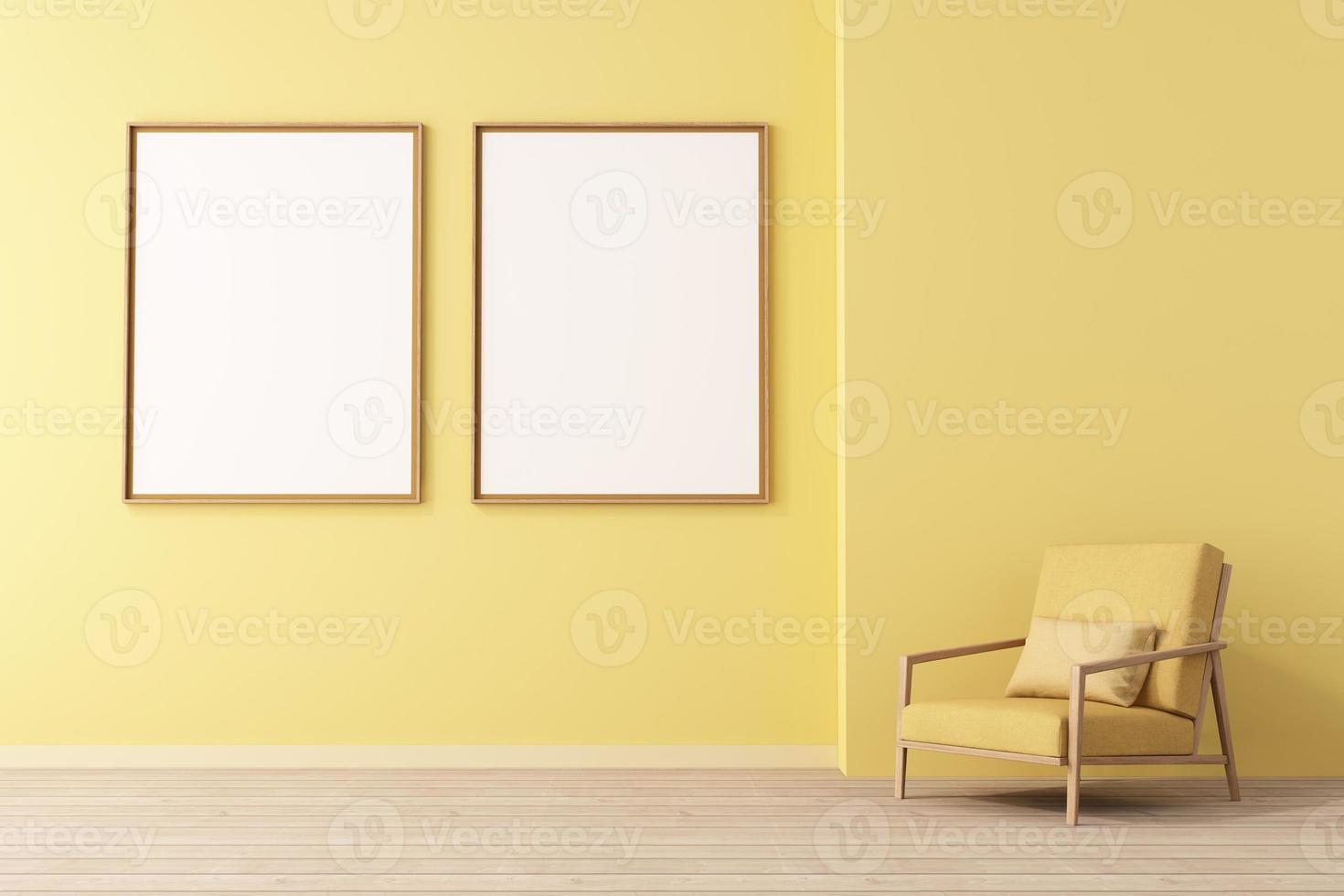 Representación 3D de maqueta de diseño de interiores para sala de estar con marco de imagen en pared amarilla foto