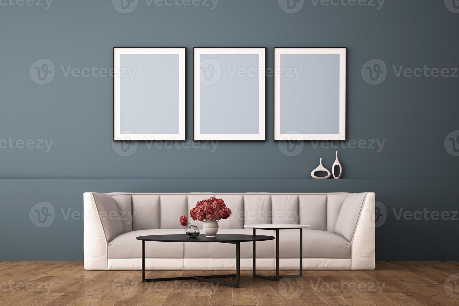 Representación 3D de diseño de interiores para sala de estar con marco de imagen en la pared foto