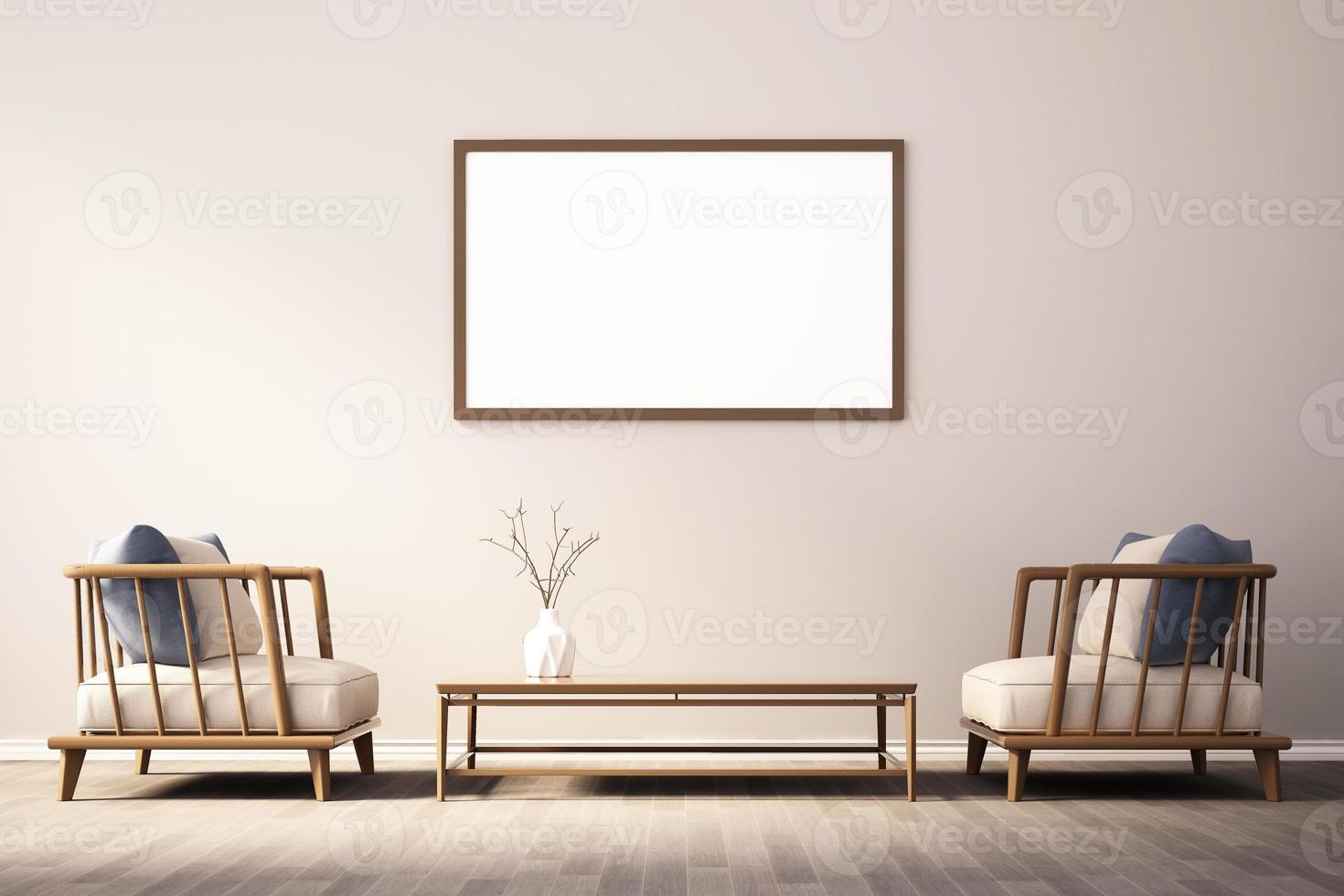 Representación 3D de diseño de interiores para sala de estar con marco de imagen en la pared foto