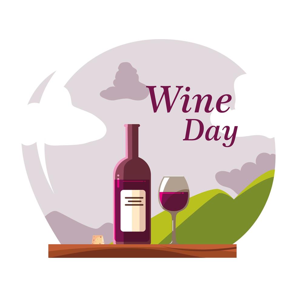 wine bottle with wineglass, wine day label vector