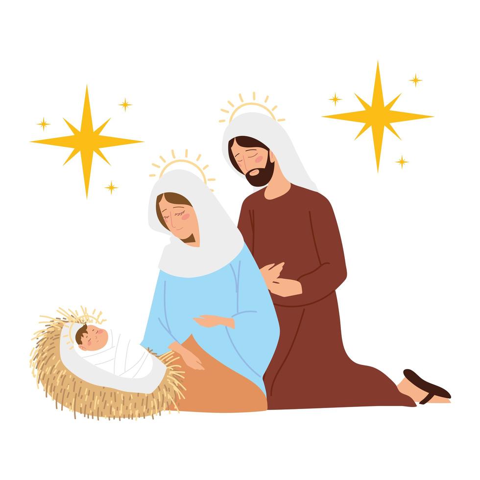 nativity, manger mary joseph baby jesus in crib scene vector