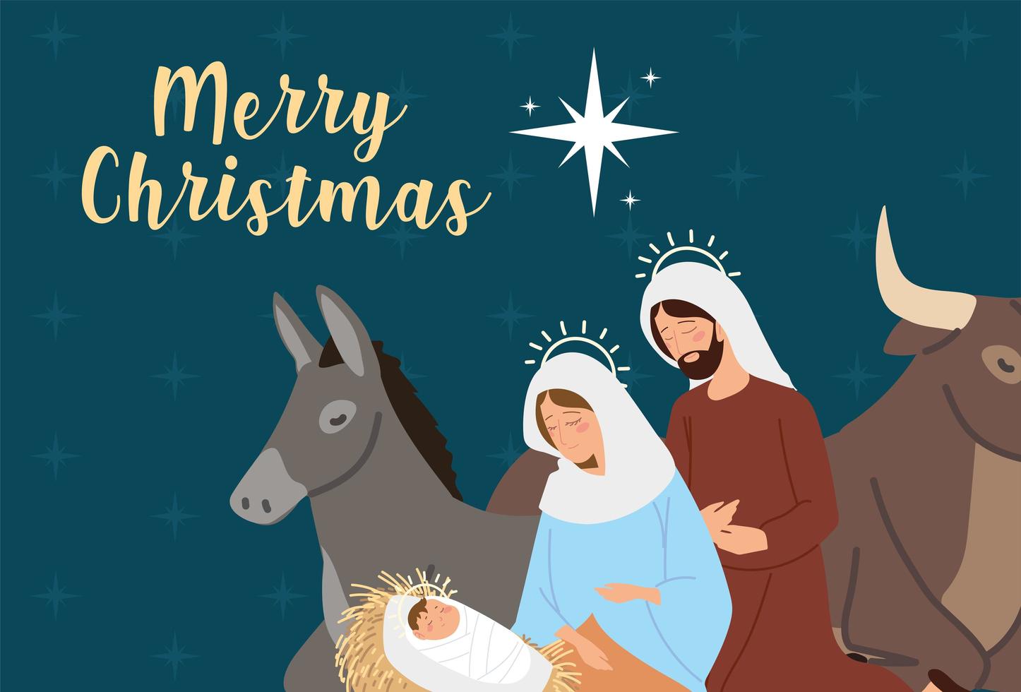 nativity, greeting card with holy family cartoon manger vector